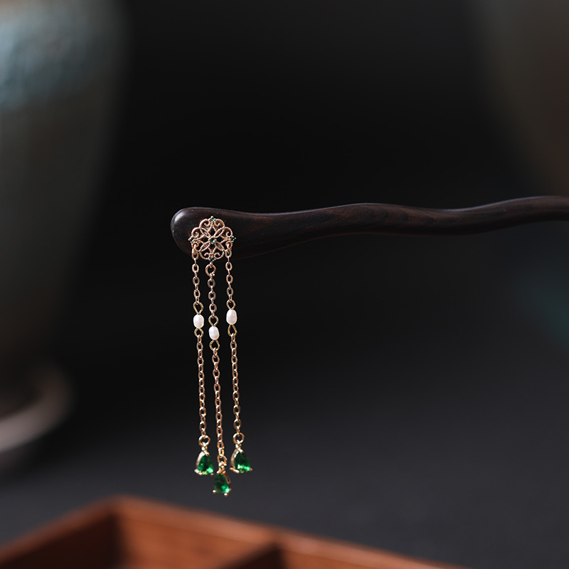 【绿丝绦】黑檀木锆石流苏发簪民族风日常盘发簪子个性小众木簪子