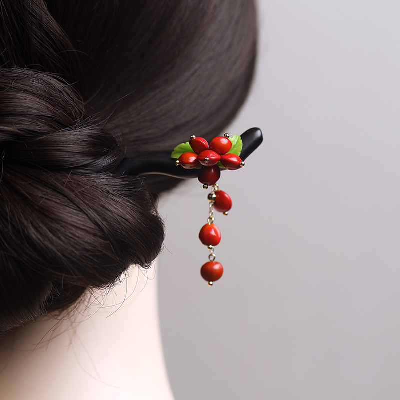 【相思】民族风红豆黑檀木发簪古典流苏步摇发钗古装汉服发饰簪子