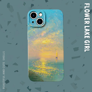 云淡风轻 14手机壳华为nova畅享60pro软OPPOreno9vivos18硬IQOO10小米13一加 油画波光湖面菲林适用iPhone15