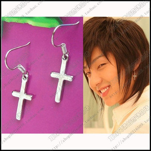 李梭基东方神起十字架男耳环明星同款韩尚925纯银耳钩 无耳洞耳夹