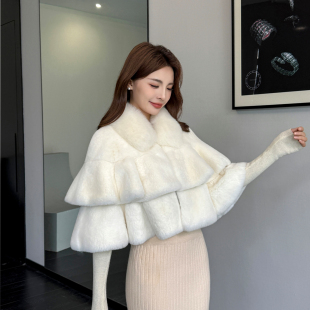 薇儿卡皮卓Ya同款 贵气千金狐狸毛领獭兔毛木耳边公主披肩斗篷外套