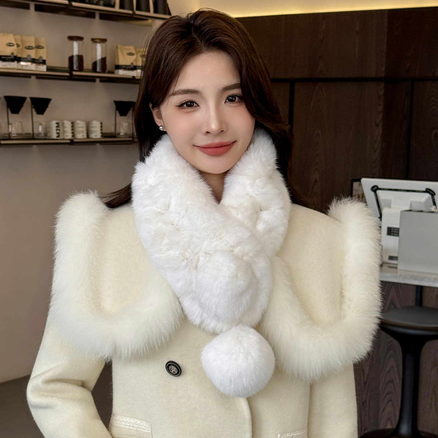 新款真皮草长毛兔吊球球百搭全毛男女秋冬保暖护颈毛领双面围脖