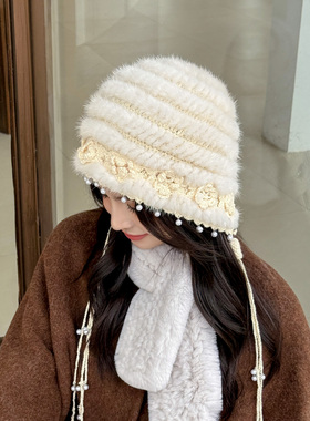 薇儿卡秋冬新品流苏珍珠手工水貂皮毛毛编织毛线钩花朵公主渔夫帽