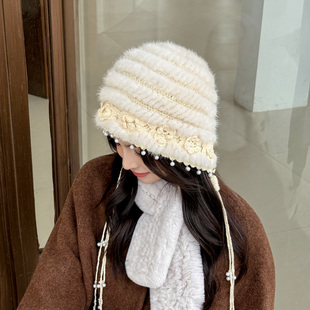 薇儿卡秋冬新品 流苏珍珠手工水貂皮毛毛编织毛线钩花朵公主渔夫帽