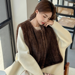 薇儿卡皮草水貂毛编织背心披肩女2025新款 冬大衣服配皮草坎肩外套