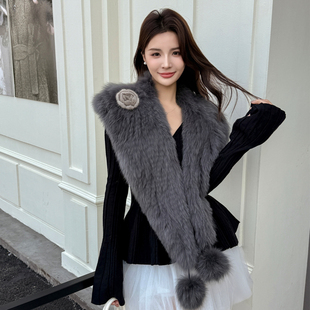秋冬新高JI深灰水貂毛皮草胸花狐狸毛大毛领球球长款 披肩双面围巾
