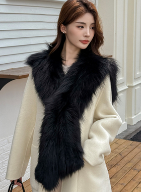 薇儿卡皮草黑色欧韩狐狸毛大方领披肩时装走秀秋冬大衣毛领长围巾