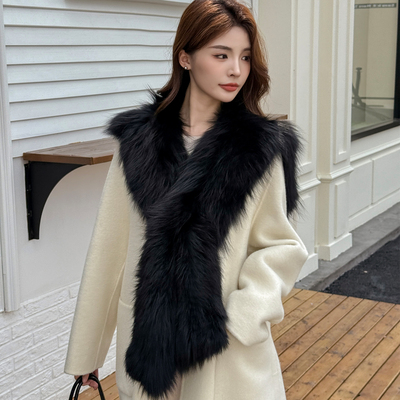 新款黑色大毛领皮草披肩长围巾