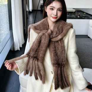 薇儿卡皮草秋冬新韩国客订大衣水貂毛方领披肩海jun领子流苏围巾
