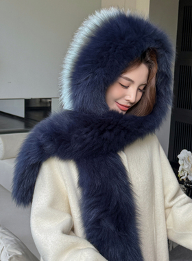 秋冬新走秀普鲁士蓝色加长版旅游狐狸毛皮草风雪帽子围巾披肩毛领