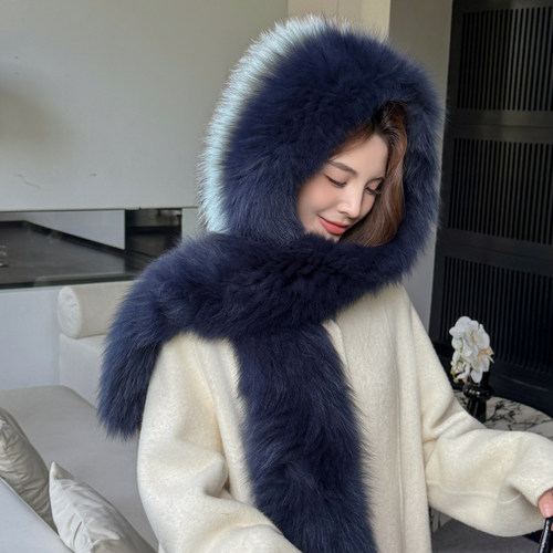 秋冬新走秀普鲁士蓝色加长版旅游狐狸毛皮草风雪帽子围巾披肩毛领