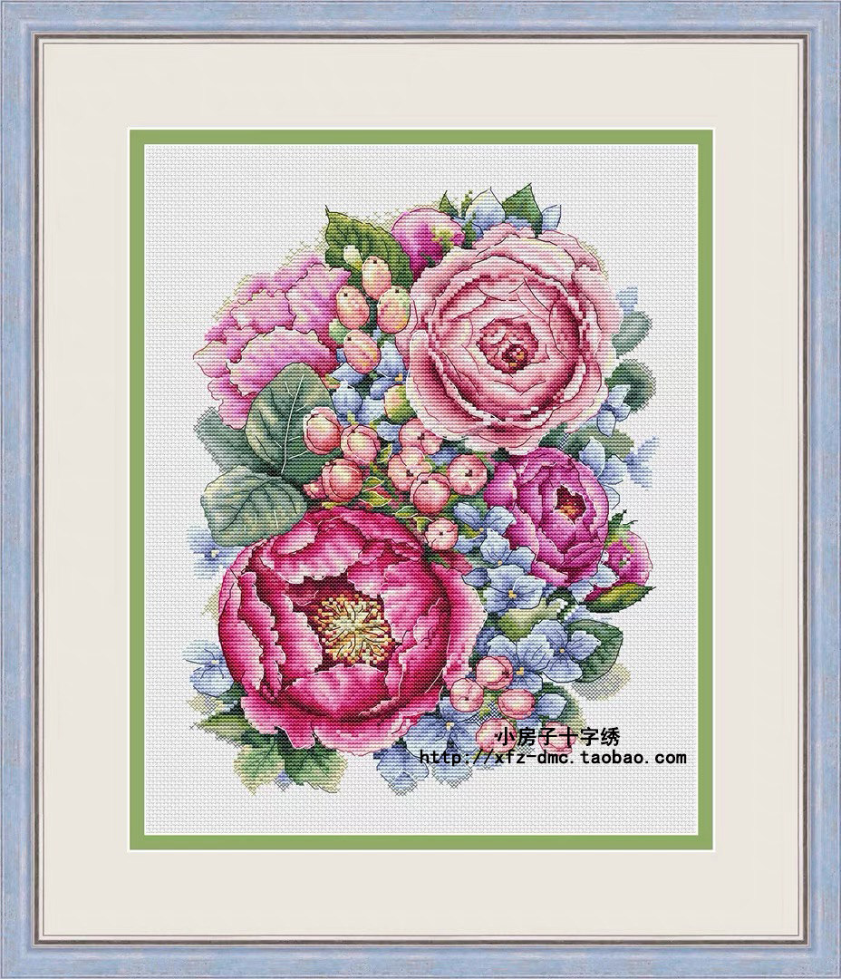 小房子十字绣 法国dmc线 牡丹花团 花草现代简单客厅花卉卧室