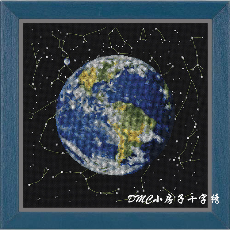 法国DMC线R线十字绣 蓝色地球 黑色布手工saga礼物简单客厅儿童