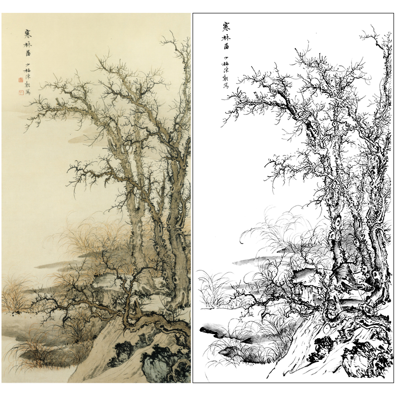 陈少梅竖幅工笔山水白描底稿《寒林图》临摹勾线高清打印稿SV11