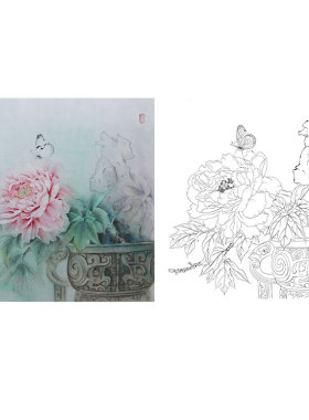 工笔画白描底稿牡丹临摹花鸟作品