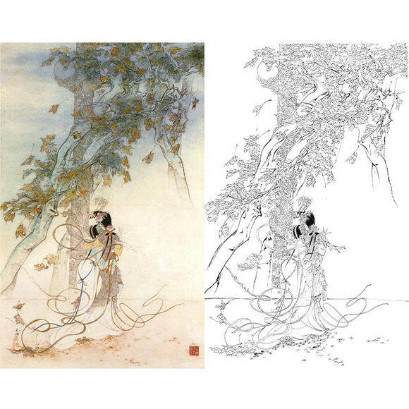 工笔画白描底稿传统人物仕女实物白纸打印稿胡也佛-HY11