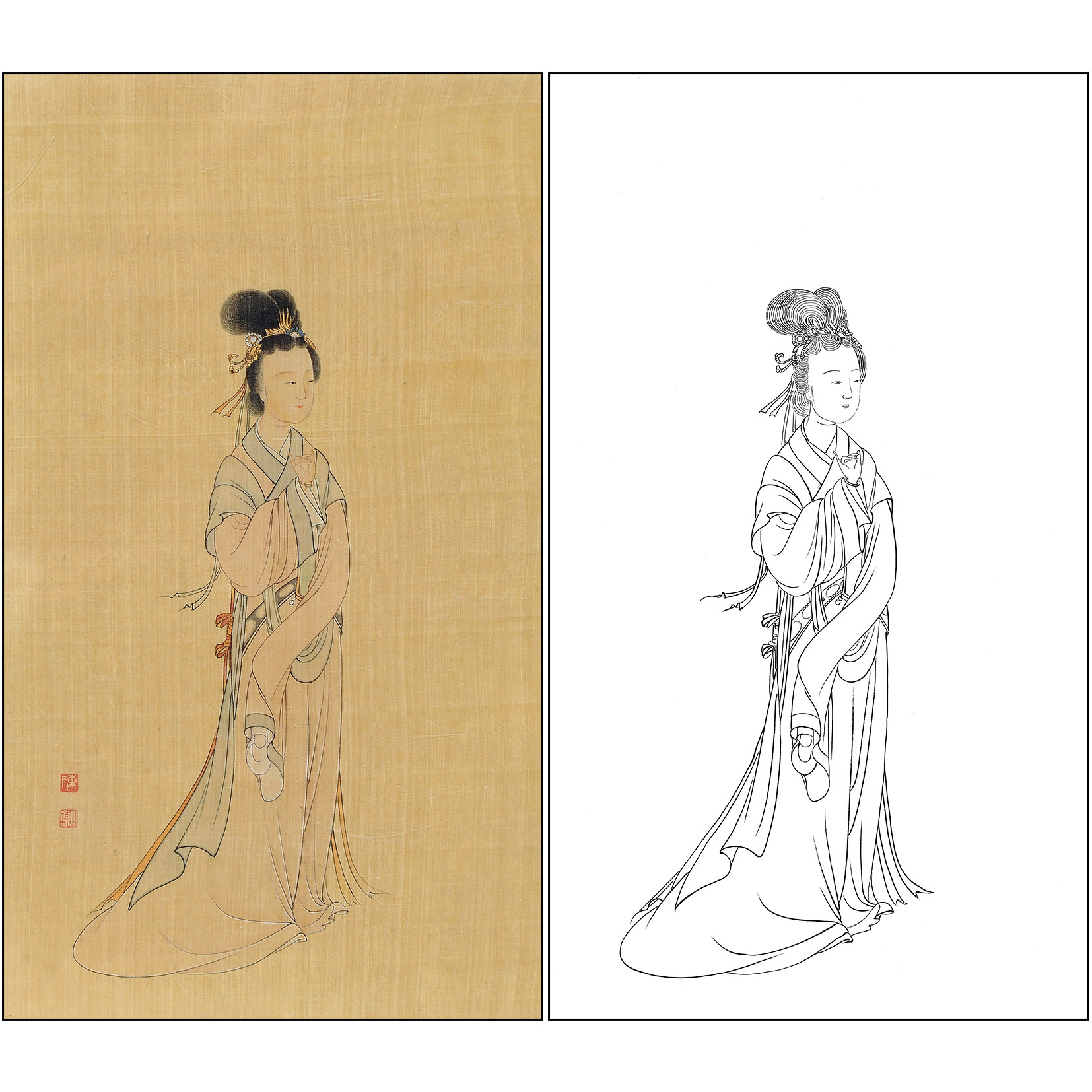 陈少梅人物仕女工笔画白描底稿《仕女图》临摹勾线高清打印稿SM60