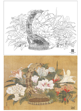 【大彩图】李嵩工笔画白描底稿宋画小品《花篮图》花鸟线稿GH10