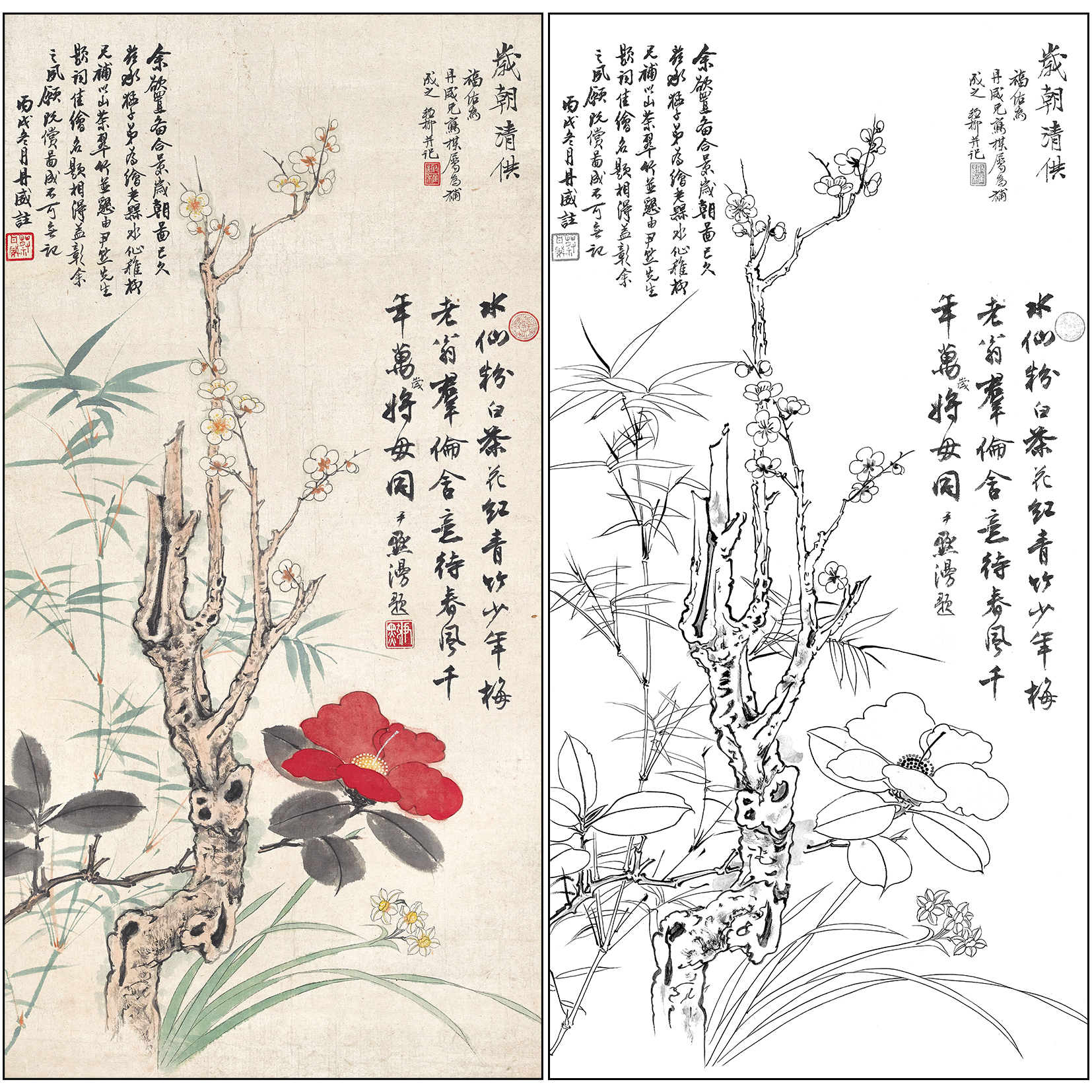 谢稚柳花鸟工笔画白描底稿《岁朝清供》临摹勾线高清打印稿XZ06