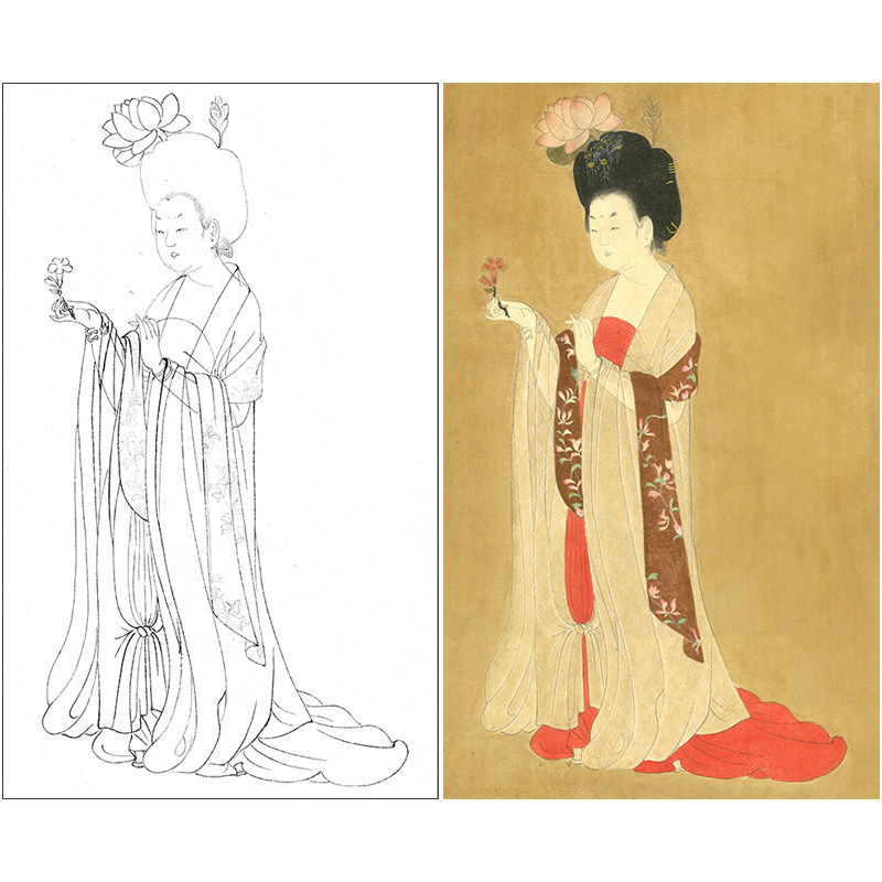 周肪工笔画白描底稿《簪花仕女图局部》临摹勾线高清打印稿YL02