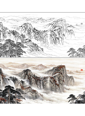 【大彩图】横幅工笔画白描底稿临摹勾线山水线稿FS16