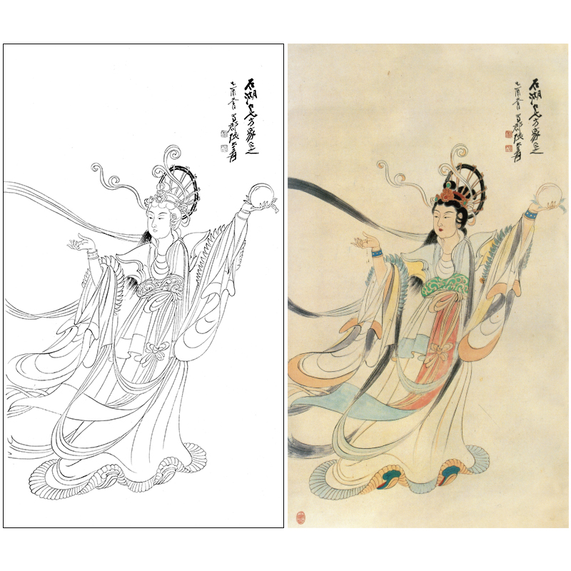张大千工笔传统人物白描底稿飞天仕女《神女图》高清打印稿QD55