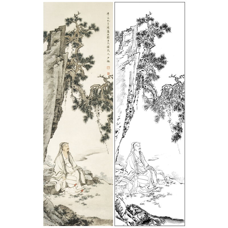 陈少梅工笔山水人物白描底稿《高士图》临摹勾线高清打印稿CR17