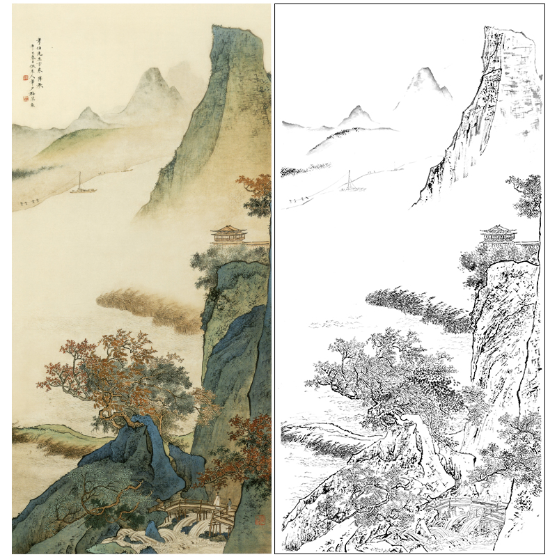 陈少梅工笔山水白描底稿《秋山江阔图》临摹勾线高清打印稿SV12
