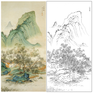 陈少梅工笔山水白描底稿《江南春》临摹勾线高清打印稿LQ36