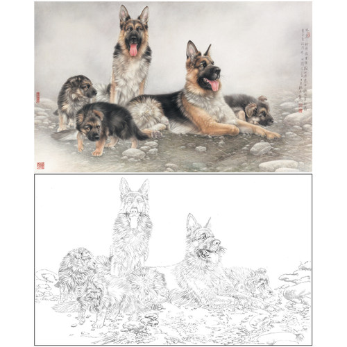 【大彩图】刘继彪横幅工笔画白描底稿《四犬》临摹动物线稿GG04