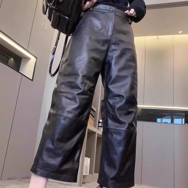 皮裤女2024秋季新款纯色直筒裤高腰八分裤简约百搭长裤时尚裤子