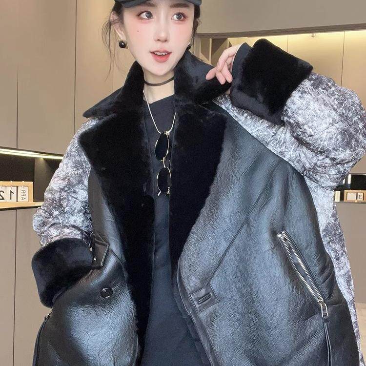 【现货】皮毛一体拼接羽绒服女2024冬季新款撞色晕染宽松保暖外套