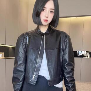 现货 夹克长袖 皮衣女2025春季 机车风绵羊皮纯色短款 外套 新款
