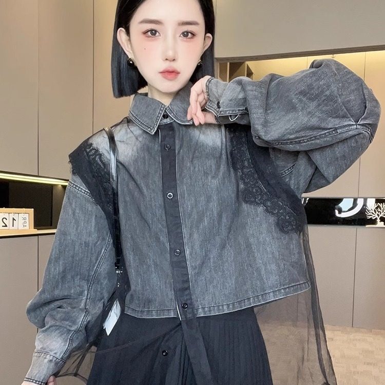 【现货】牛仔衬衫女2026春季新款网纱拼接翻领长袖衬衣单排扣上衣
