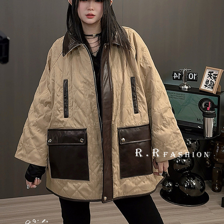 【现货】绵羊皮拼接大口袋侧开叉长袖开衫菱格拼皮棉服外套女