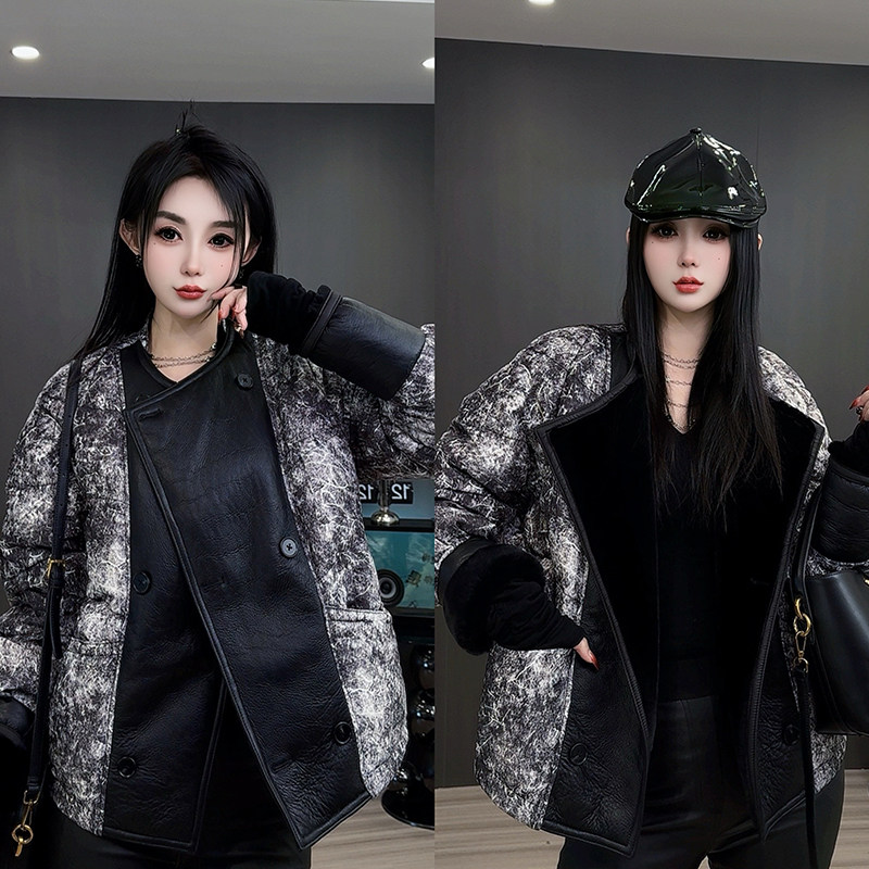 皮毛一体拼接羽绒服女2024冬季新款撞色晕染短款保暖外套长袖上衣