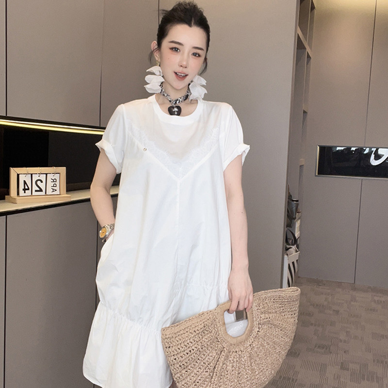 短袖连衣裙女2026夏季新款蕾丝钩花拼接假两件半袖T恤裙圆领裙子