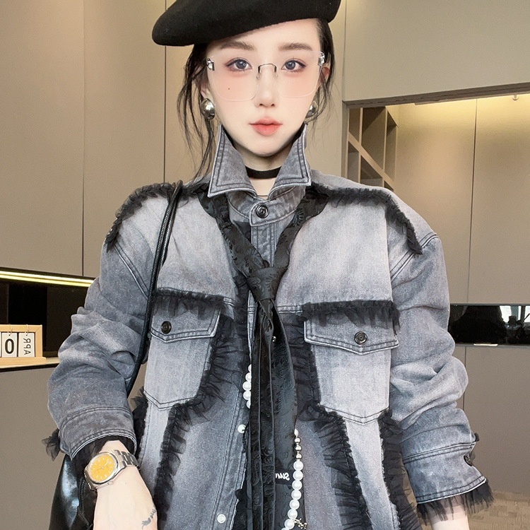 牛仔外套女2025秋季新款珍珠网纱木耳边牛仔服领带翻领长袖上衣