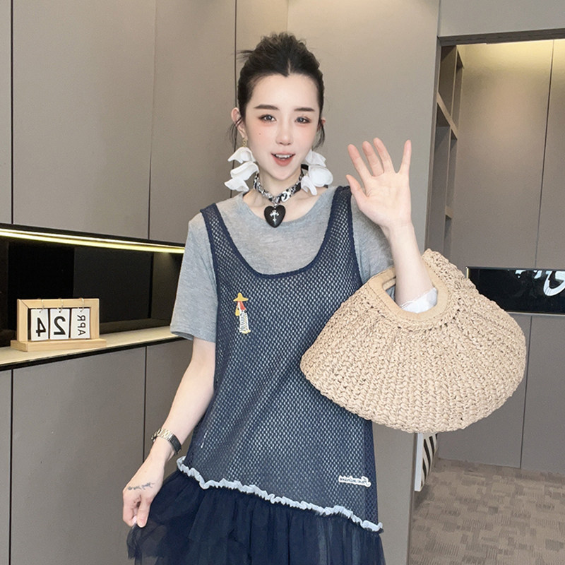 网纱拼接无袖背心裙短袖T恤裙套装两件套连衣裙女2026夏季新款