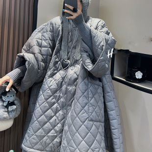 上衣 大口袋外套长袖 菱格棉服女2025秋冬新款 欧洲站宽松纯色中长款