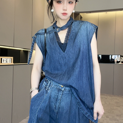 蕾丝钩花拼接V领T恤高腰阔腿短裤牛仔套装两件套女2025夏季新款