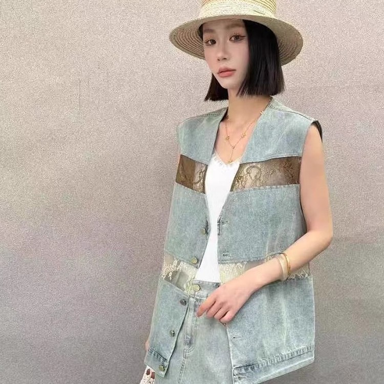 单排扣无袖马甲高腰半身裙蕾丝拼接牛仔套装两件套女2025夏季新款