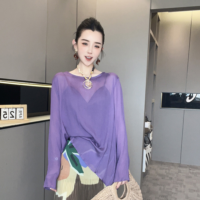 T恤女2026夏季新款欧洲站薄款纯色后背褶皱开叉圆领套头长袖上衣
