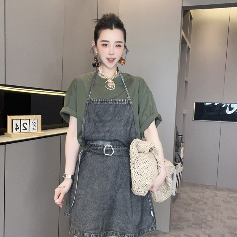 字母印花短袖圆领上衣收腰吊带牛仔裙套装两件套女2026夏季新款