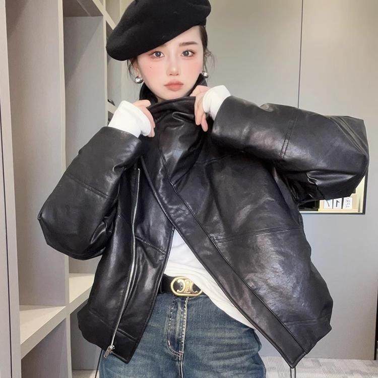 【现货】抽绳收腰绵羊皮皮衣纯色长袖翻领皮羽绒女2025秋冬新款