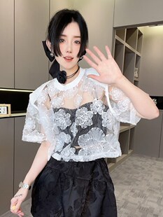 短袖 fashion 钩花蕾丝衫 女2024夏季 百搭纯色花朵罩衫 法式 新款