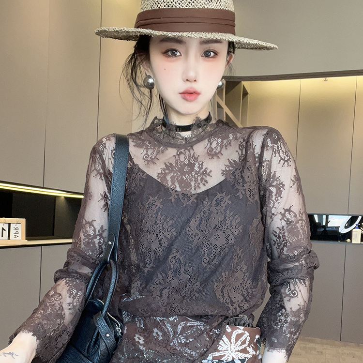 蕾丝衫女2025秋季新款欧洲站纯色蕾丝钩花镂空打底衫长袖圆领上衣