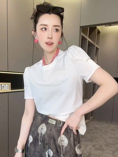 新款 重工钉珠泡泡袖 短袖 T恤女2024夏季 fashion 上衣正肩小衫