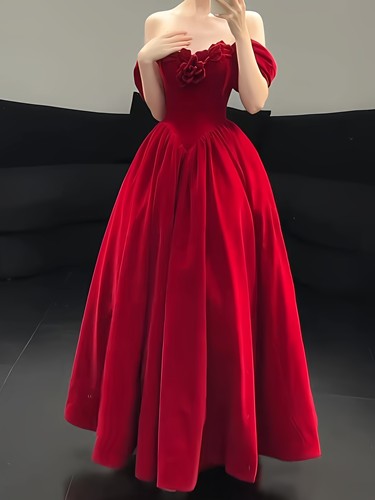 一字肩红色订婚新娘敬酒服