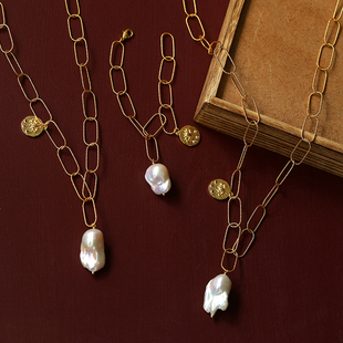 《古典主义》复古天然巴洛克珍珠金币项链手链小众设计宽链条颈链